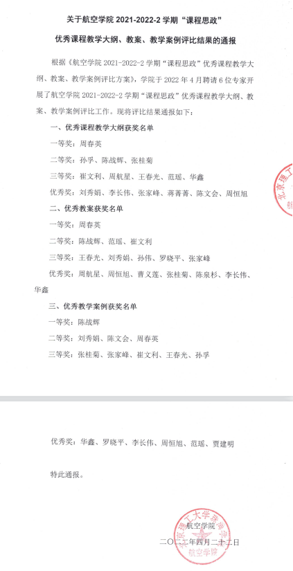 关于航空学院2021-2022-2学期“课程思政”优秀课程教学大纲、教案、教学案例评比结果的通报